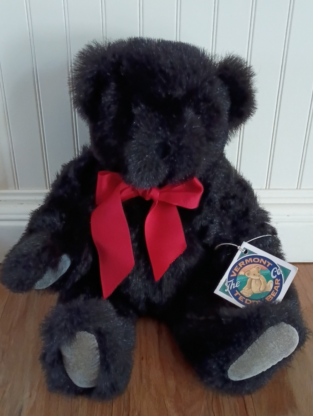 Vintage 1994 Vermont Teddy Bear Black Plush Bear with Red Bow